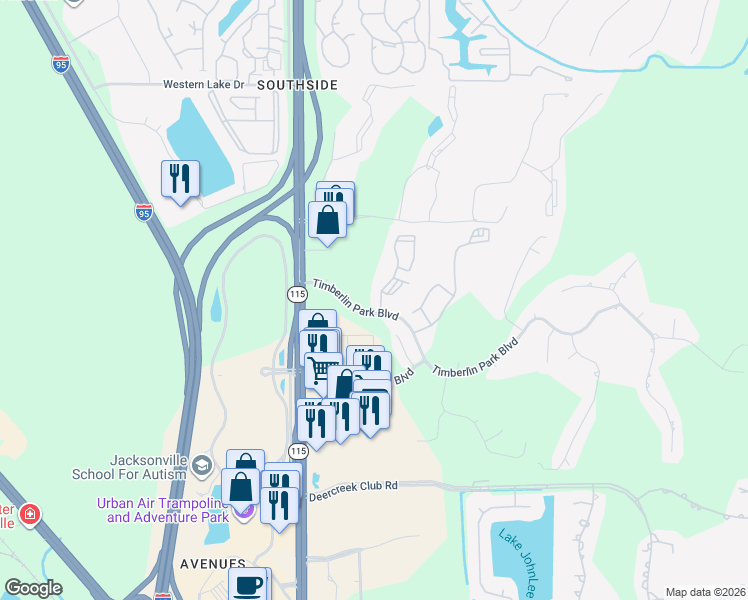 map of restaurants, bars, coffee shops, grocery stores, and more near 7635 Timberlin Park Boulevard in Jacksonville