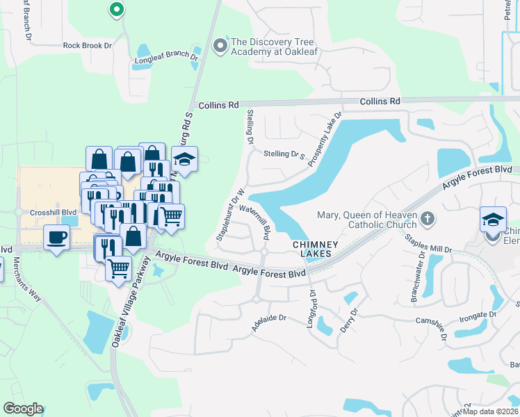 map of restaurants, bars, coffee shops, grocery stores, and more near 8385 Watermill Boulevard in Jacksonville