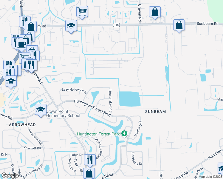 map of restaurants, bars, coffee shops, grocery stores, and more near 9823 Timber Lake Drive East in Jacksonville