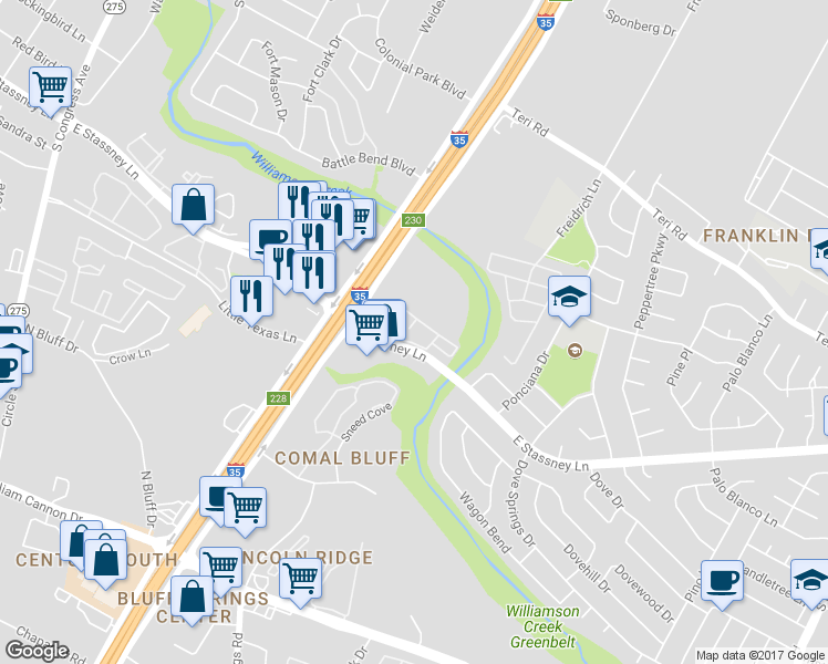 map of restaurants, bars, coffee shops, grocery stores, and more near 1800 East Stassney Lane in Austin