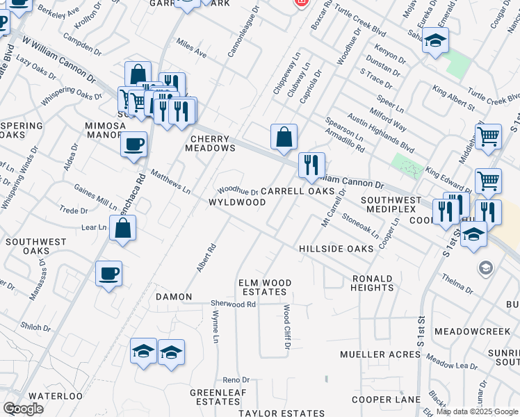 map of restaurants, bars, coffee shops, grocery stores, and more near 7100 Treasure Cove in Austin