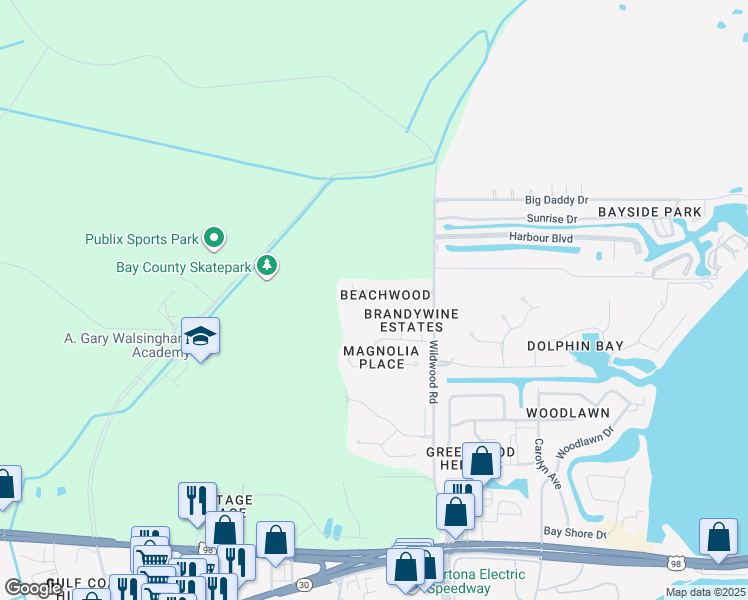 map of restaurants, bars, coffee shops, grocery stores, and more near 7125 Beachwood Blvd in Panama City Beach