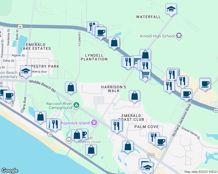 map of restaurants, bars, coffee shops, grocery stores, and more near 337 Madison Circle in Panama City Beach