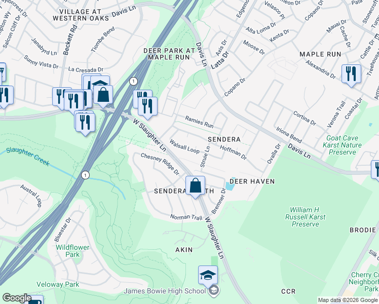 map of restaurants, bars, coffee shops, grocery stores, and more near 4609 Walsall Loop in Austin