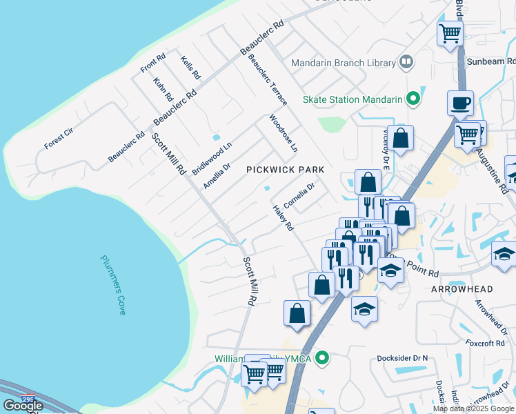 map of restaurants, bars, coffee shops, grocery stores, and more near 2964 Old Orchard Road in Jacksonville