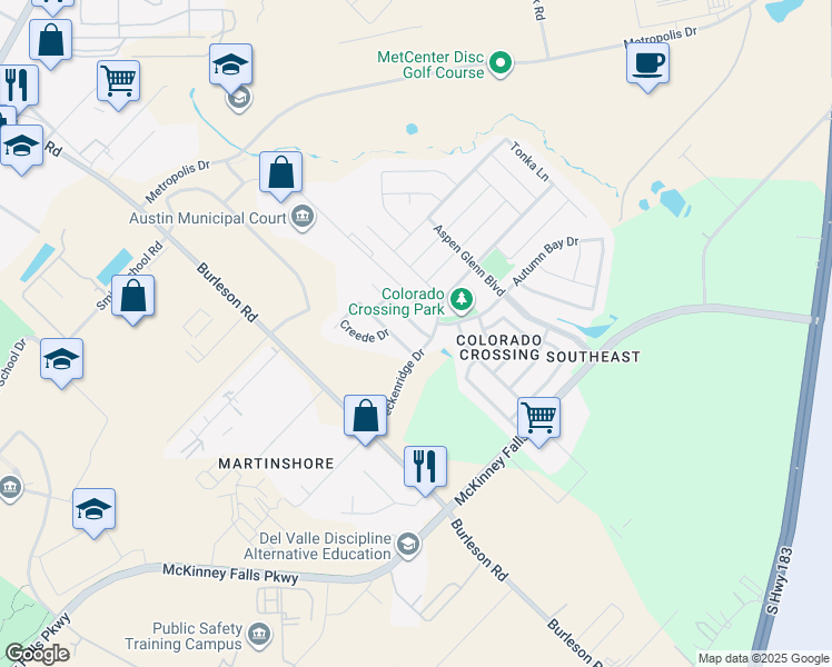 map of restaurants, bars, coffee shops, grocery stores, and more near 7221 Outfitter Drive in Austin