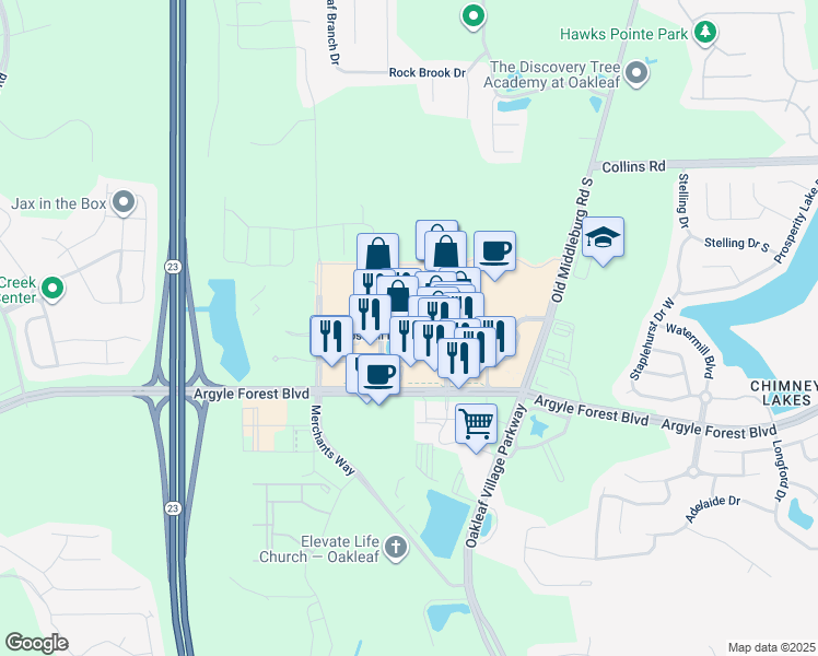 map of restaurants, bars, coffee shops, grocery stores, and more near Crosshill Blvd in Jacksonville