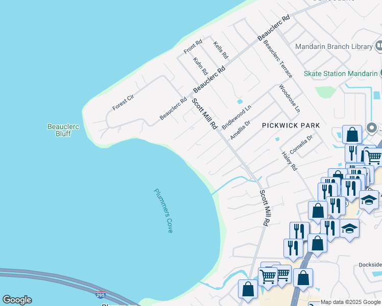 map of restaurants, bars, coffee shops, grocery stores, and more near 2749 Kelsey Place in Jacksonville