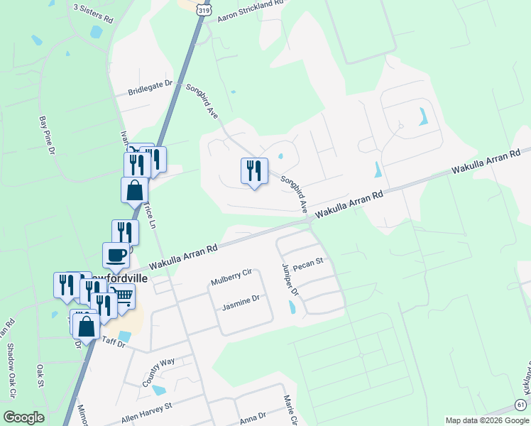 map of restaurants, bars, coffee shops, grocery stores, and more near 41 Meadowlark Drive in Crawfordville