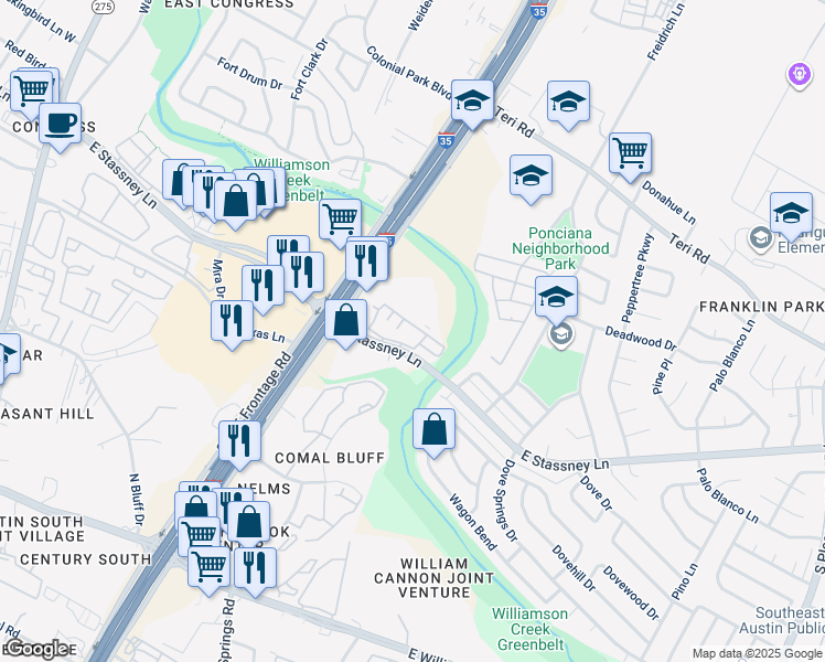 map of restaurants, bars, coffee shops, grocery stores, and more near 1800 East Stassney Lane in Austin
