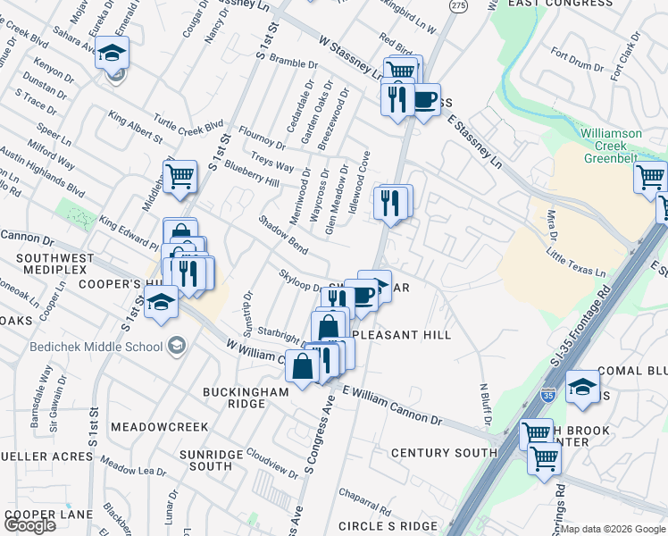 map of restaurants, bars, coffee shops, grocery stores, and more near 6353 Shadow Bend in Austin
