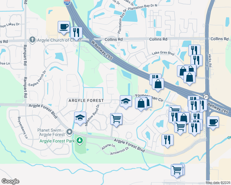 map of restaurants, bars, coffee shops, grocery stores, and more near 8291 Honeysuckle Lane in Jacksonville