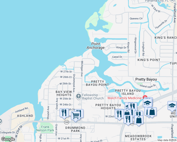 map of restaurants, bars, coffee shops, grocery stores, and more near 2454 Pretty Bayou Blvd in Panama City