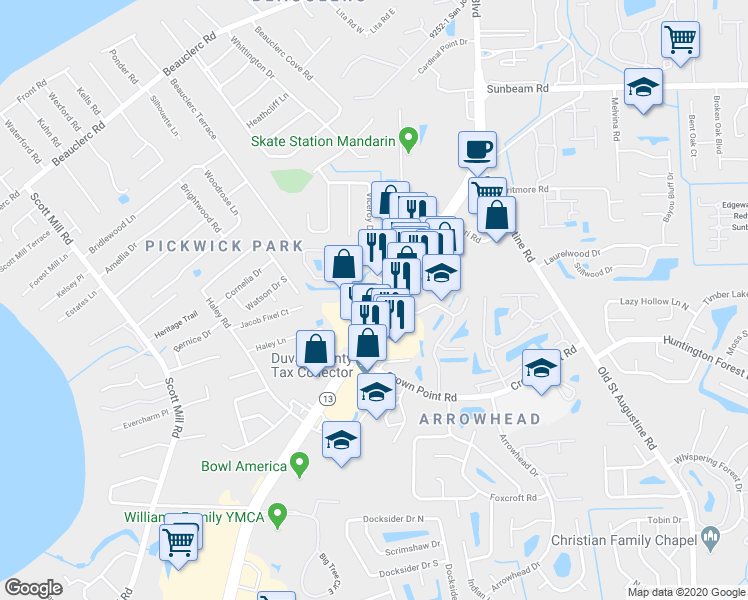 map of restaurants, bars, coffee shops, grocery stores, and more near 9891 San Jose Boulevard in Jacksonville