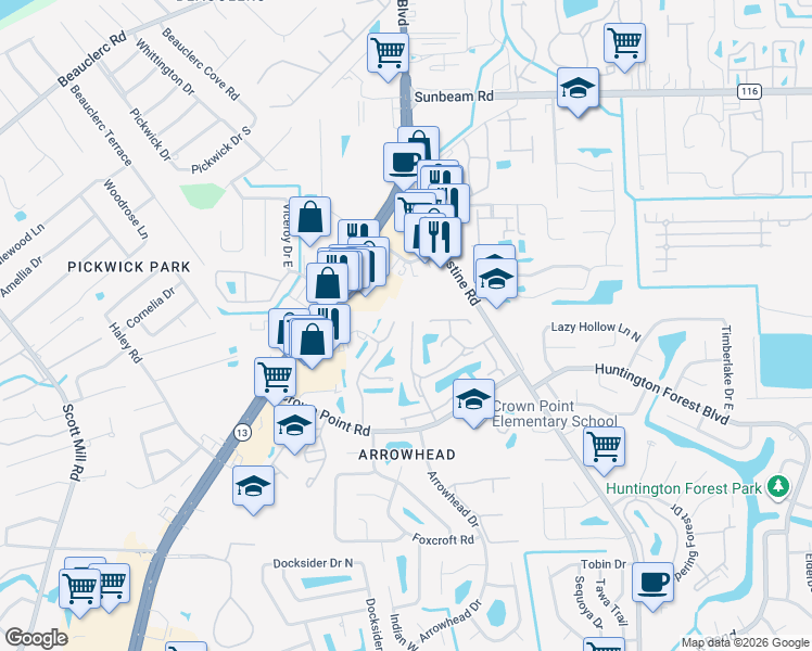 map of restaurants, bars, coffee shops, grocery stores, and more near 3802 Millpoint Drive in Jacksonville