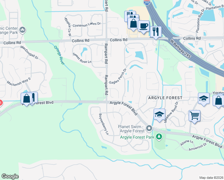 map of restaurants, bars, coffee shops, grocery stores, and more near 7257 Argyle Corners Drive in Jacksonville