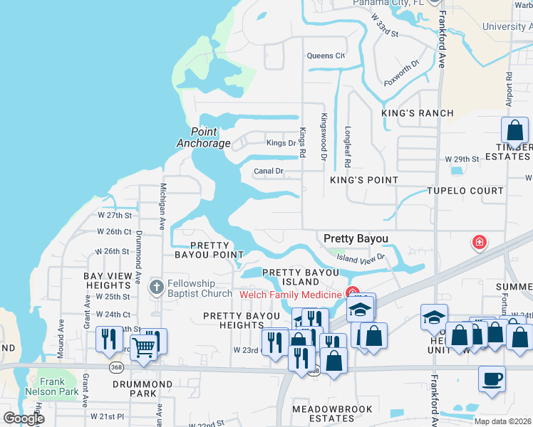 map of restaurants, bars, coffee shops, grocery stores, and more near 3030 West 27th Court in Panama City