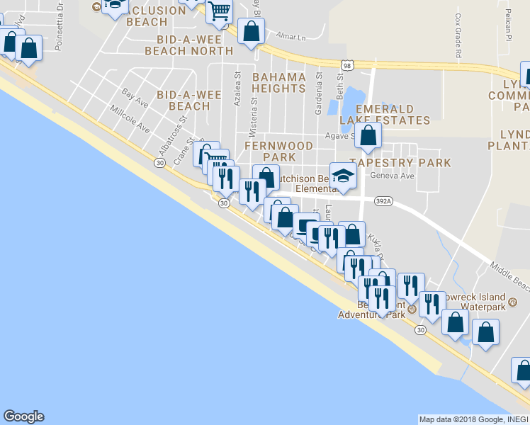 map of restaurants, bars, coffee shops, grocery stores, and more near 13216 Hibiscus Street in Panama City Beach
