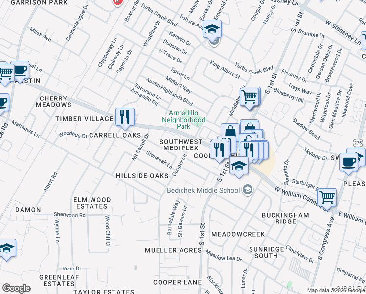 map of restaurants, bars, coffee shops, grocery stores, and more near 1015 West William Cannon Drive in Austin