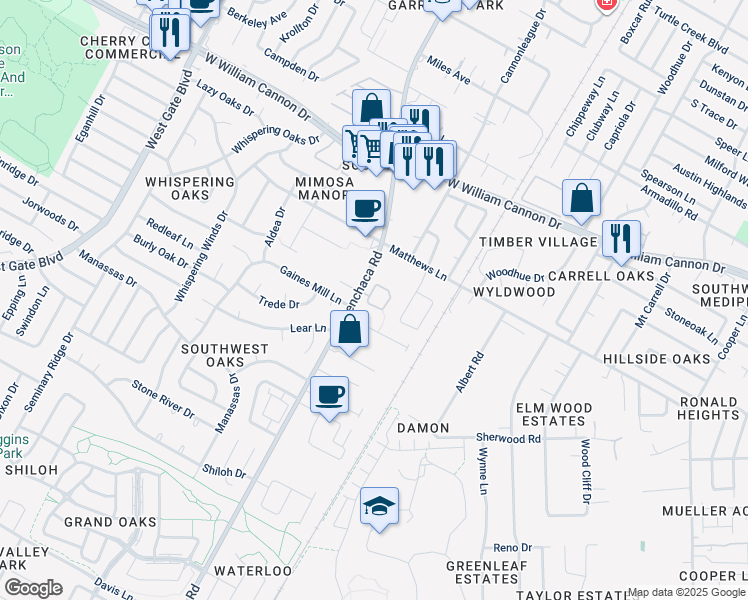 map of restaurants, bars, coffee shops, grocery stores, and more near 7233 Manchaca Road in Austin