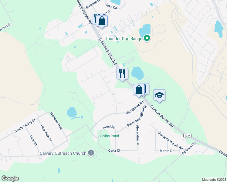 map of restaurants, bars, coffee shops, grocery stores, and more near 17429 Carter Lane in Conroe