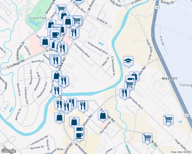 map of restaurants, bars, coffee shops, grocery stores, and more near 139 Teche Drive in Lafayette