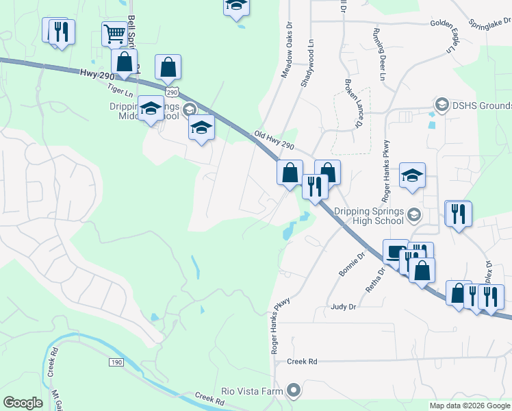 map of restaurants, bars, coffee shops, grocery stores, and more near 281B Rose Drive in Dripping Springs