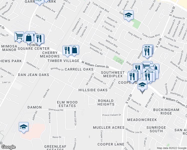 map of restaurants, bars, coffee shops, grocery stores, and more near 6815 Mount Carrell Drive in Austin