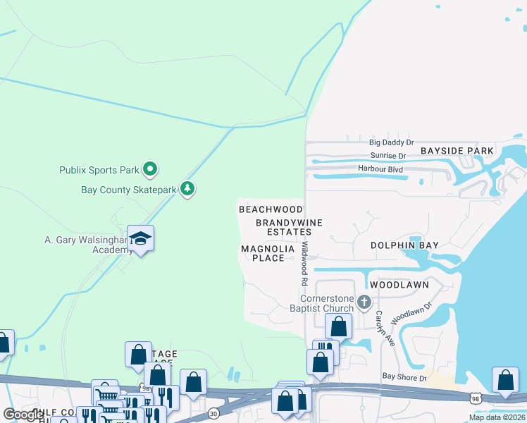 map of restaurants, bars, coffee shops, grocery stores, and more near 7125 Beachwood Boulevard in Panama City Beach