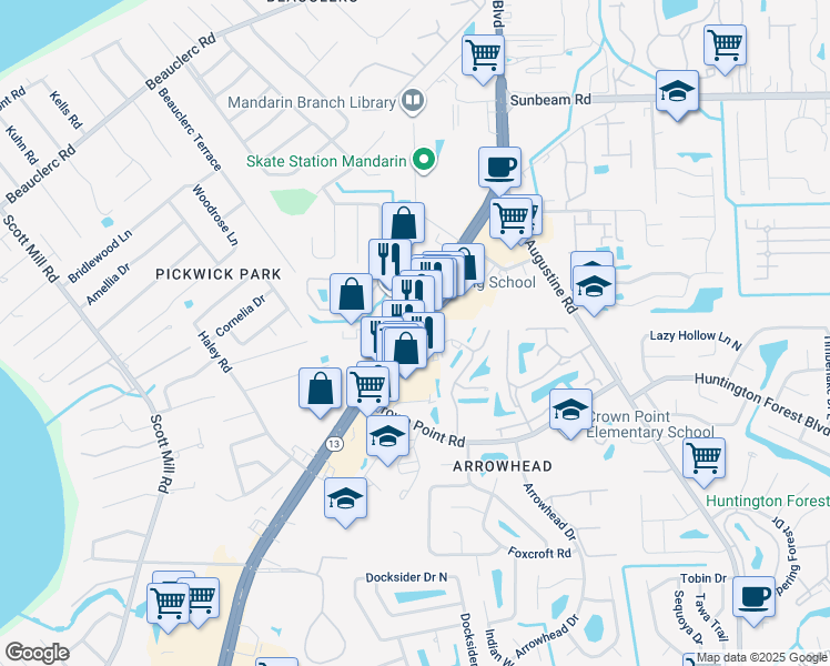map of restaurants, bars, coffee shops, grocery stores, and more near 9891 San Jose Boulevard in Jacksonville