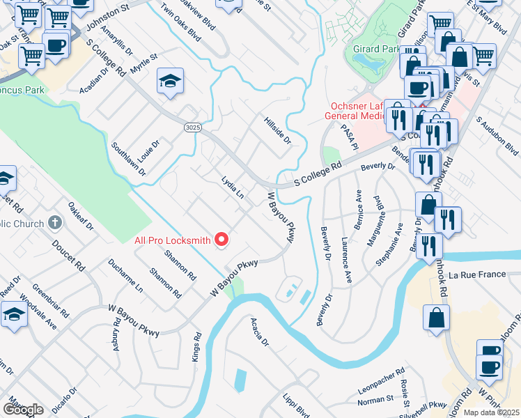 map of restaurants, bars, coffee shops, grocery stores, and more near 110 West Bayou Parkway in Lafayette