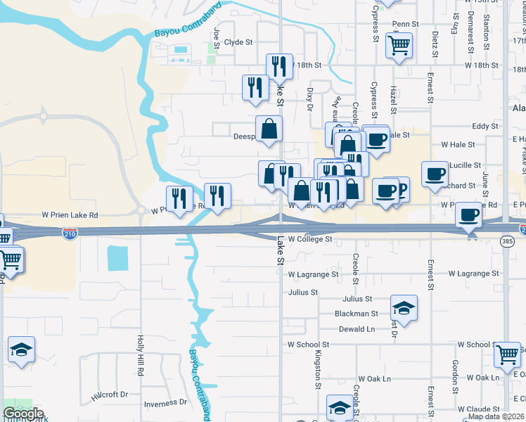 map of restaurants, bars, coffee shops, grocery stores, and more near 821 West Prien Lake Road in Lake Charles
