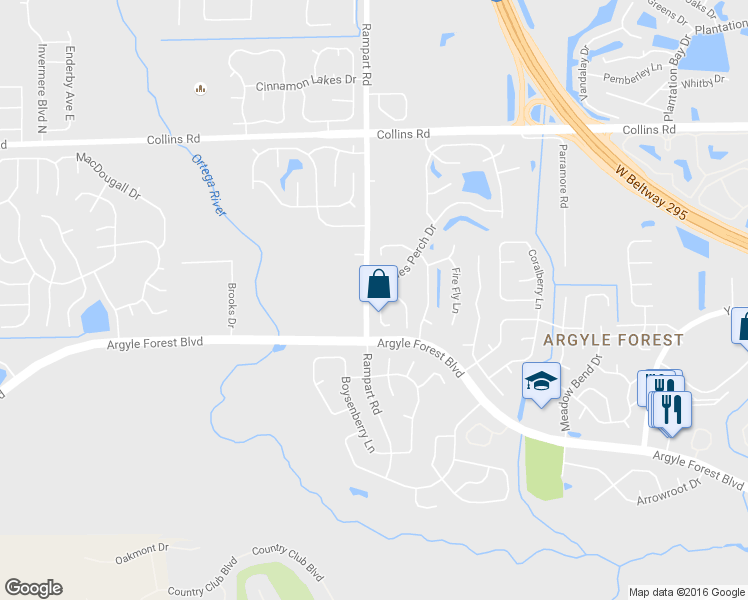 map of restaurants, bars, coffee shops, grocery stores, and more near 8320 Argyle Corners Court in Jacksonville