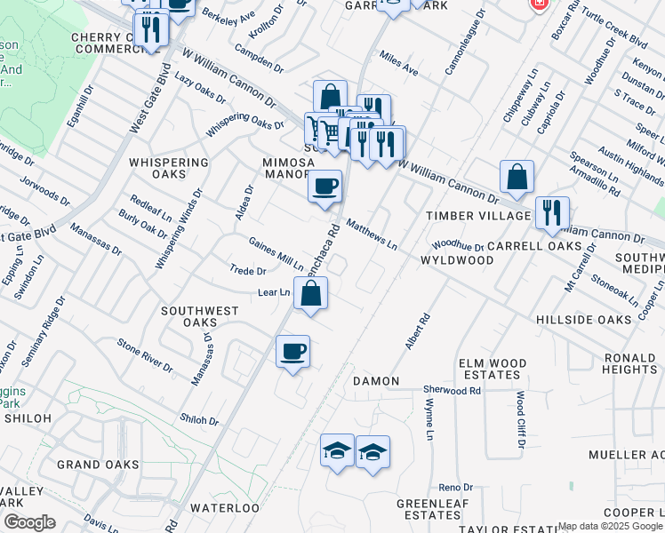 map of restaurants, bars, coffee shops, grocery stores, and more near 7233 Manchaca Road in Austin