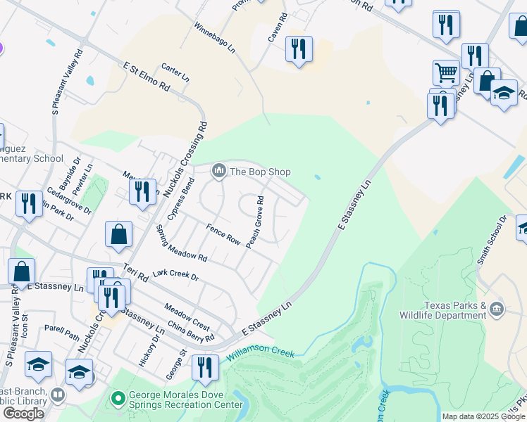 map of restaurants, bars, coffee shops, grocery stores, and more near 4605 Peach Grove Road in Austin
