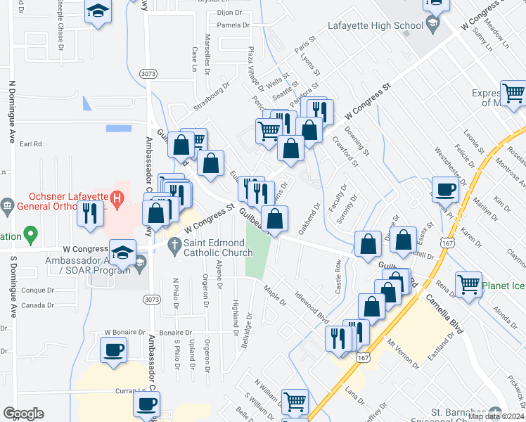 map of restaurants, bars, coffee shops, grocery stores, and more near 205 Bell Downs Circle in Lafayette