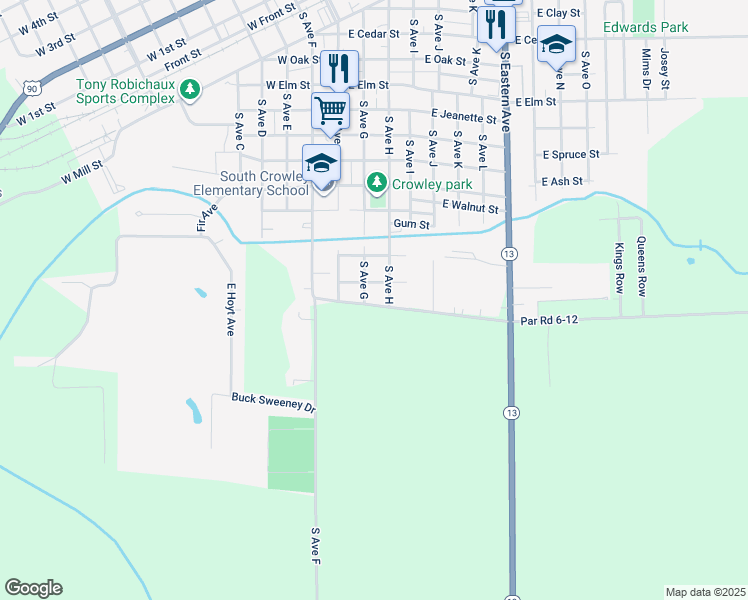 map of restaurants, bars, coffee shops, grocery stores, and more near 211 East Lovell Street in Crowley