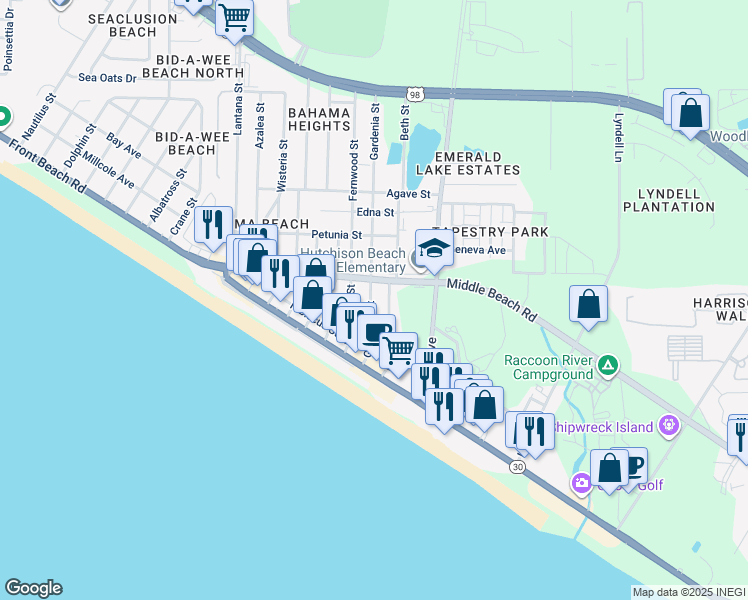 map of restaurants, bars, coffee shops, grocery stores, and more near 605 Gardenia Street in Panama City Beach