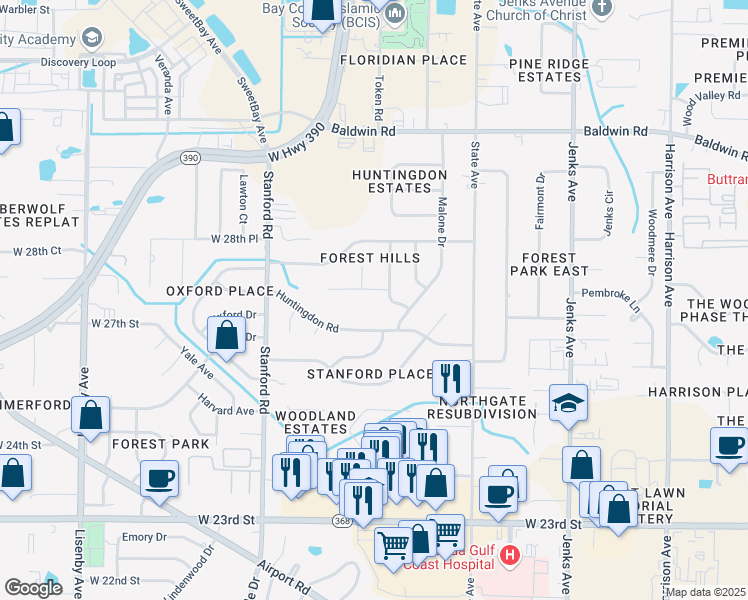 map of restaurants, bars, coffee shops, grocery stores, and more near 913 Agnes Scott Circle in Panama City