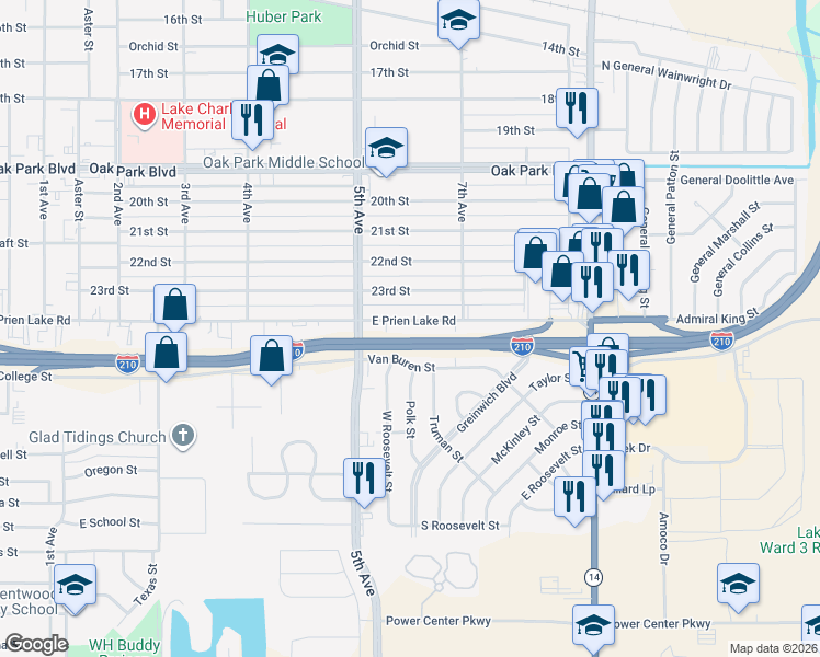 map of restaurants, bars, coffee shops, grocery stores, and more near 2220 East Prien Lake Road in Lake Charles