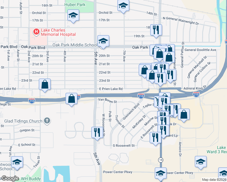 map of restaurants, bars, coffee shops, grocery stores, and more near 2248 E Prien Lake Rd in Lake Charles