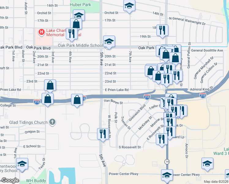 map of restaurants, bars, coffee shops, grocery stores, and more near 2220 East Prien Lake Road in Lake Charles