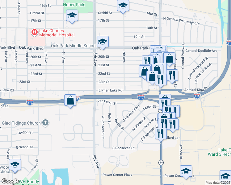 map of restaurants, bars, coffee shops, grocery stores, and more near 2248 E Prien Lake Rd in Lake Charles