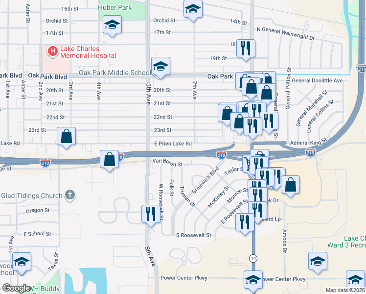 map of restaurants, bars, coffee shops, grocery stores, and more near 2248 E Prien Lake Rd in Lake Charles