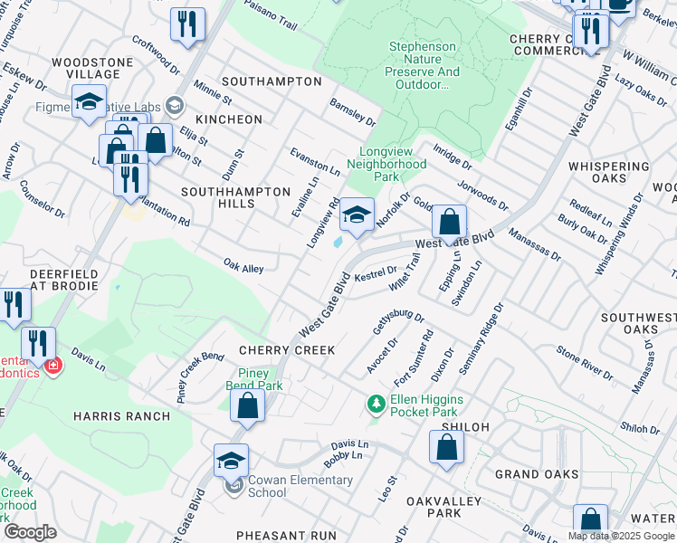 map of restaurants, bars, coffee shops, grocery stores, and more near 8112 West Gate Boulevard in Austin