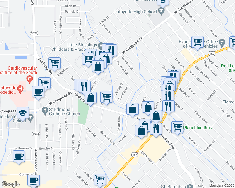 map of restaurants, bars, coffee shops, grocery stores, and more near 106 Faculty Drive in Lafayette