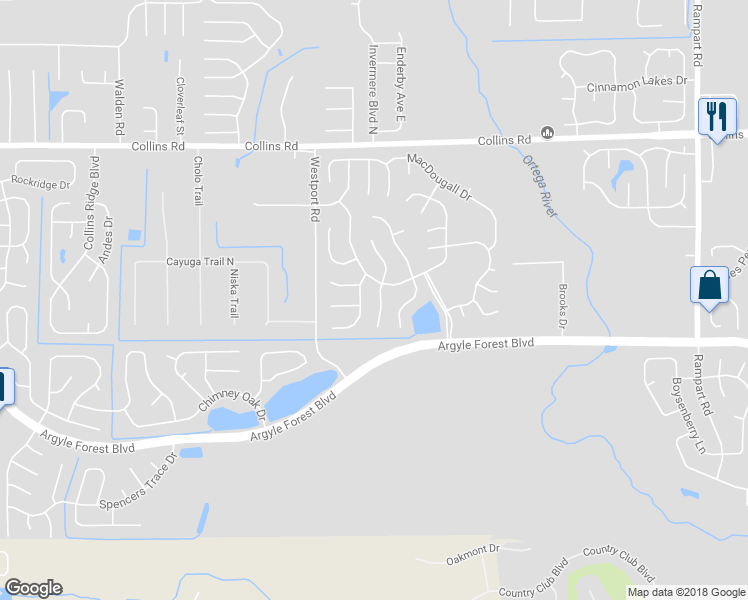 map of restaurants, bars, coffee shops, grocery stores, and more near 8136 Kilwinning Lane in Jacksonville