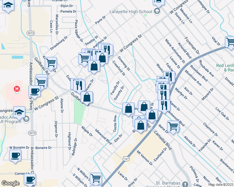 map of restaurants, bars, coffee shops, grocery stores, and more near 106 Faculty Drive in Lafayette