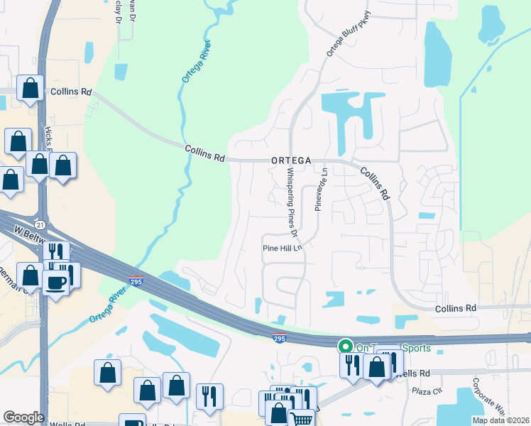 map of restaurants, bars, coffee shops, grocery stores, and more near 5557 Oak Crossing Drive in Jacksonville