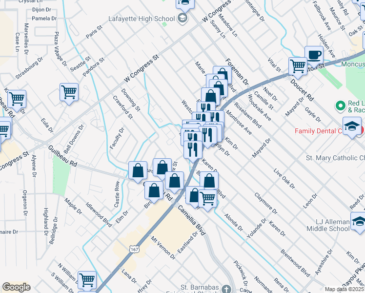 map of restaurants, bars, coffee shops, grocery stores, and more near 202 West Brentwood Boulevard in Lafayette